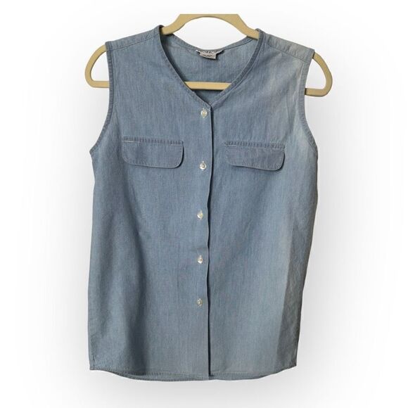 Honors Light Blue Denim collared button down sleeveless Shirt Size S 100% cotton - Picture 1 of 6